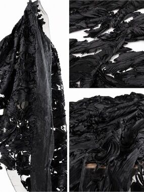 Black Textured 3D fabric on organza - 1.6 yards, 56” width (48”appliqué width)